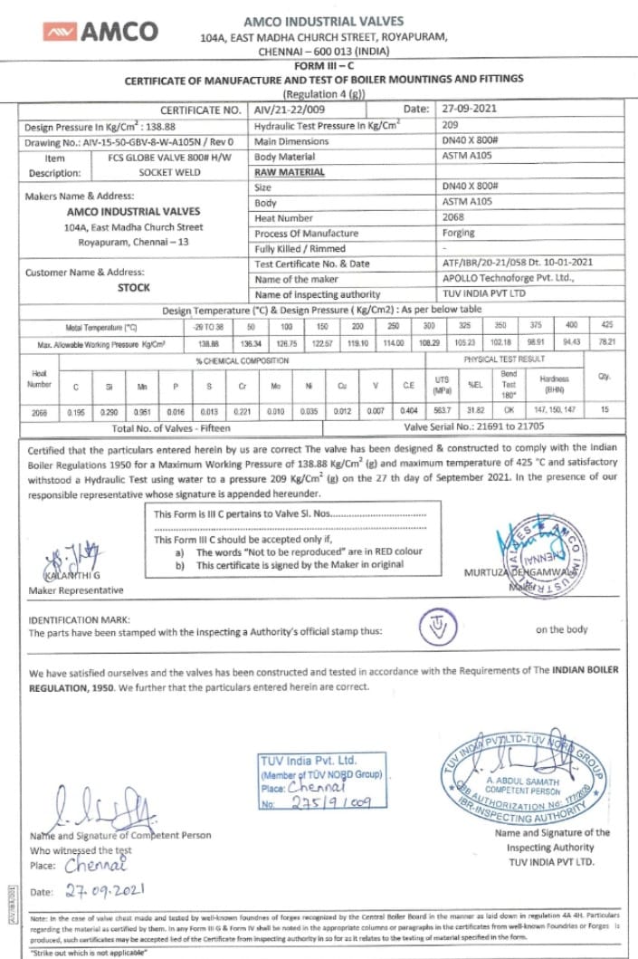 IBR Certificate Amco Industrial Valves Chennai